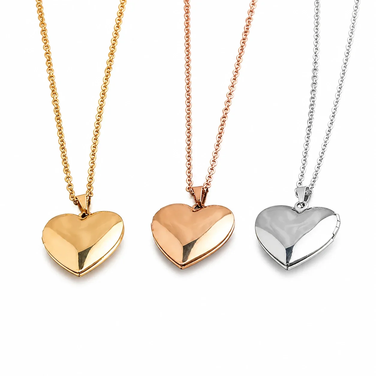 Polished Stainless Steel Heart Locket Box Chain Necklace