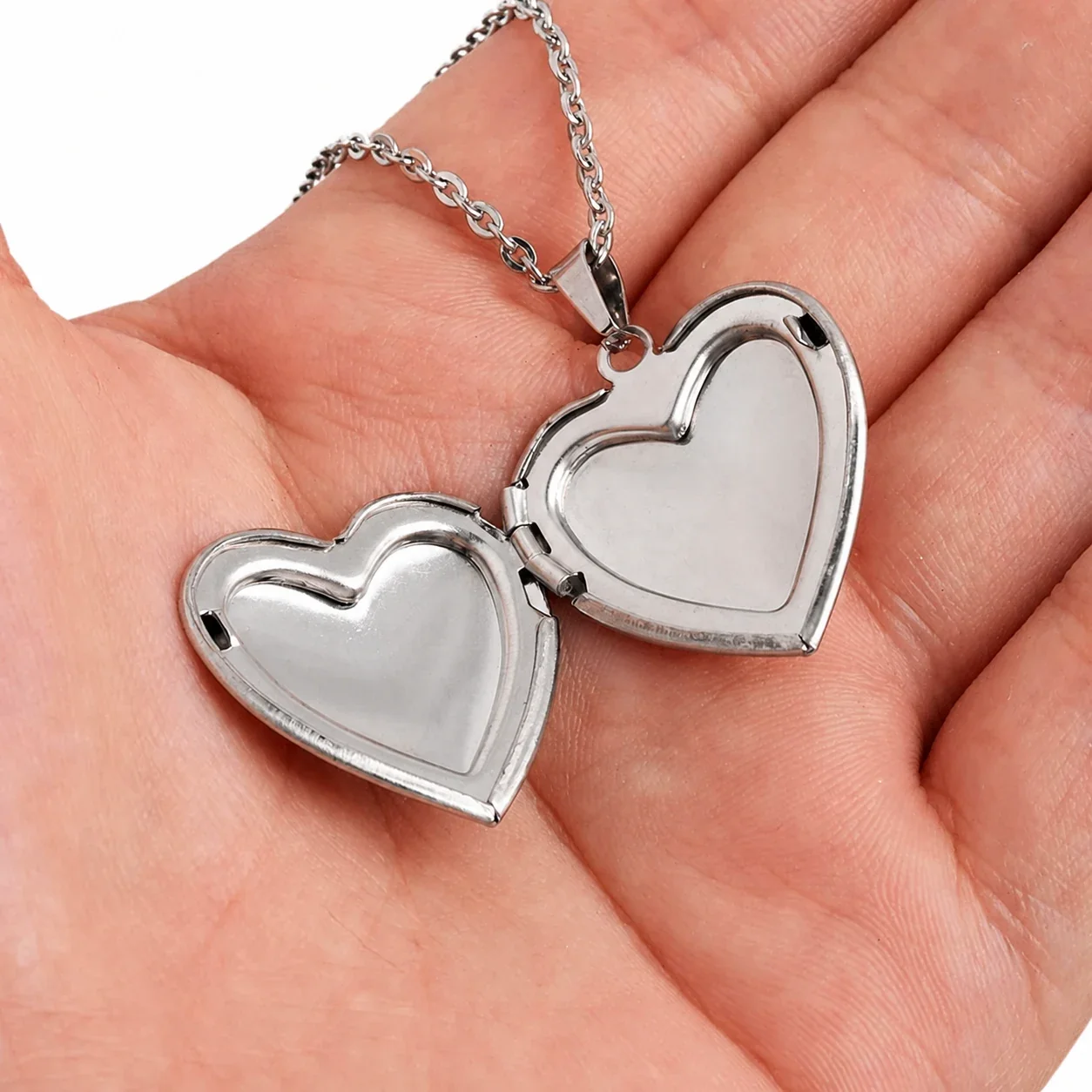 Polished Stainless Steel Heart Locket Box Chain Necklace