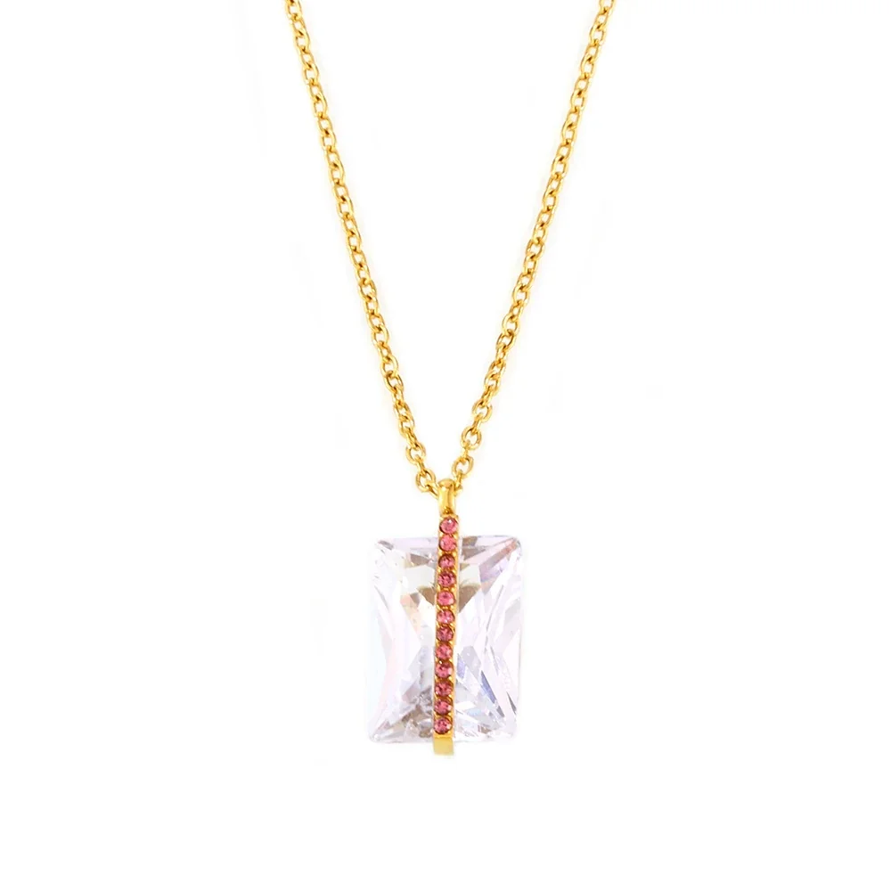 Pendant Necklace, Baguette Crystal, Pink Pavé, 18K Gold PVD