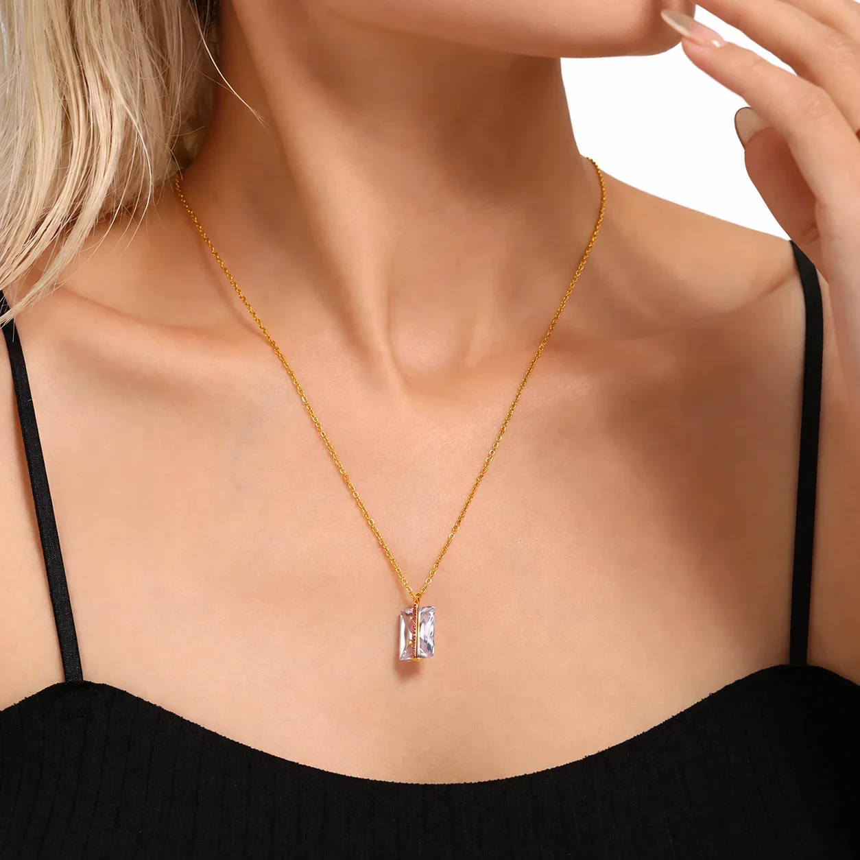Pendant Necklace, Baguette Crystal, Pink Pavé, 18K Gold PVD