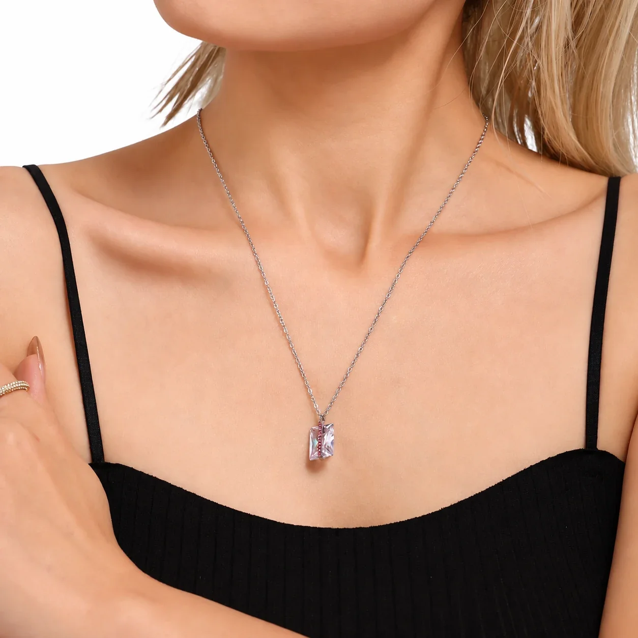 Pendant Necklace, Baguette Crystal, Pink Pavé, 18K Gold PVD