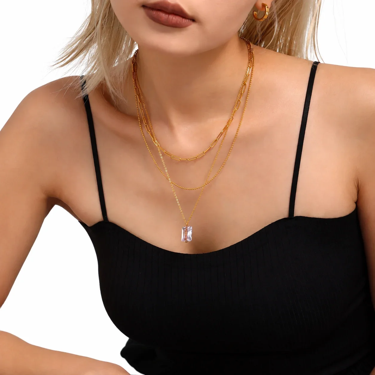 Pendant Necklace, Baguette Crystal, Pink Pavé, 18K Gold PVD