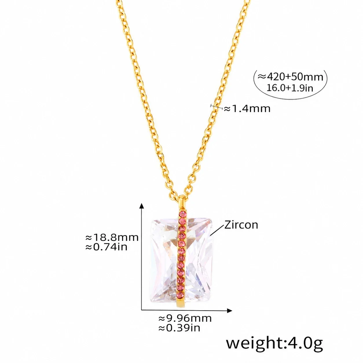 Pendant Necklace, Baguette Crystal, Pink Pavé, 18K Gold PVD - Gold Red Cubic Zirconia