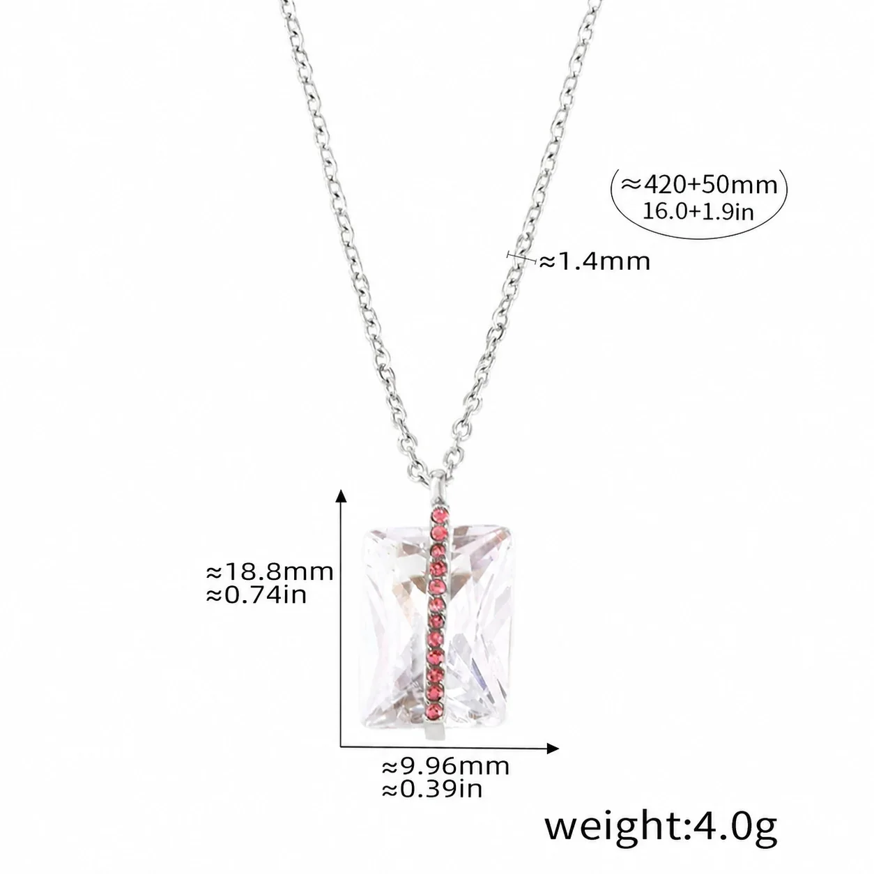 Pendant Necklace, Baguette Crystal, Pink Pavé, 18K Gold PVD - Silver Red Cubic Zirconia