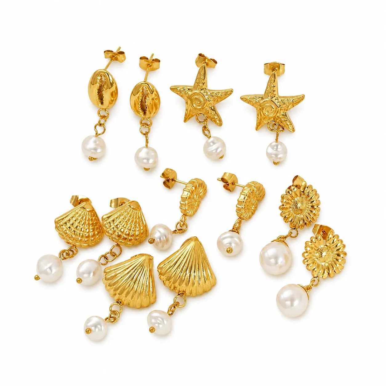 Coastal Gold-Plated Shell Starfish Pearl Drop Earrings