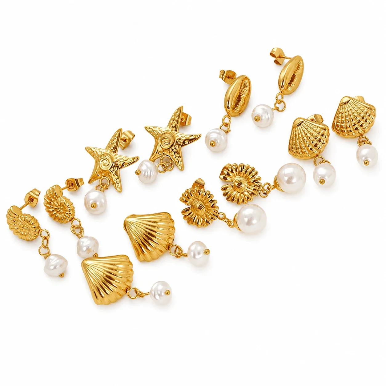 Coastal Gold-Plated Shell Starfish Pearl Drop Earrings