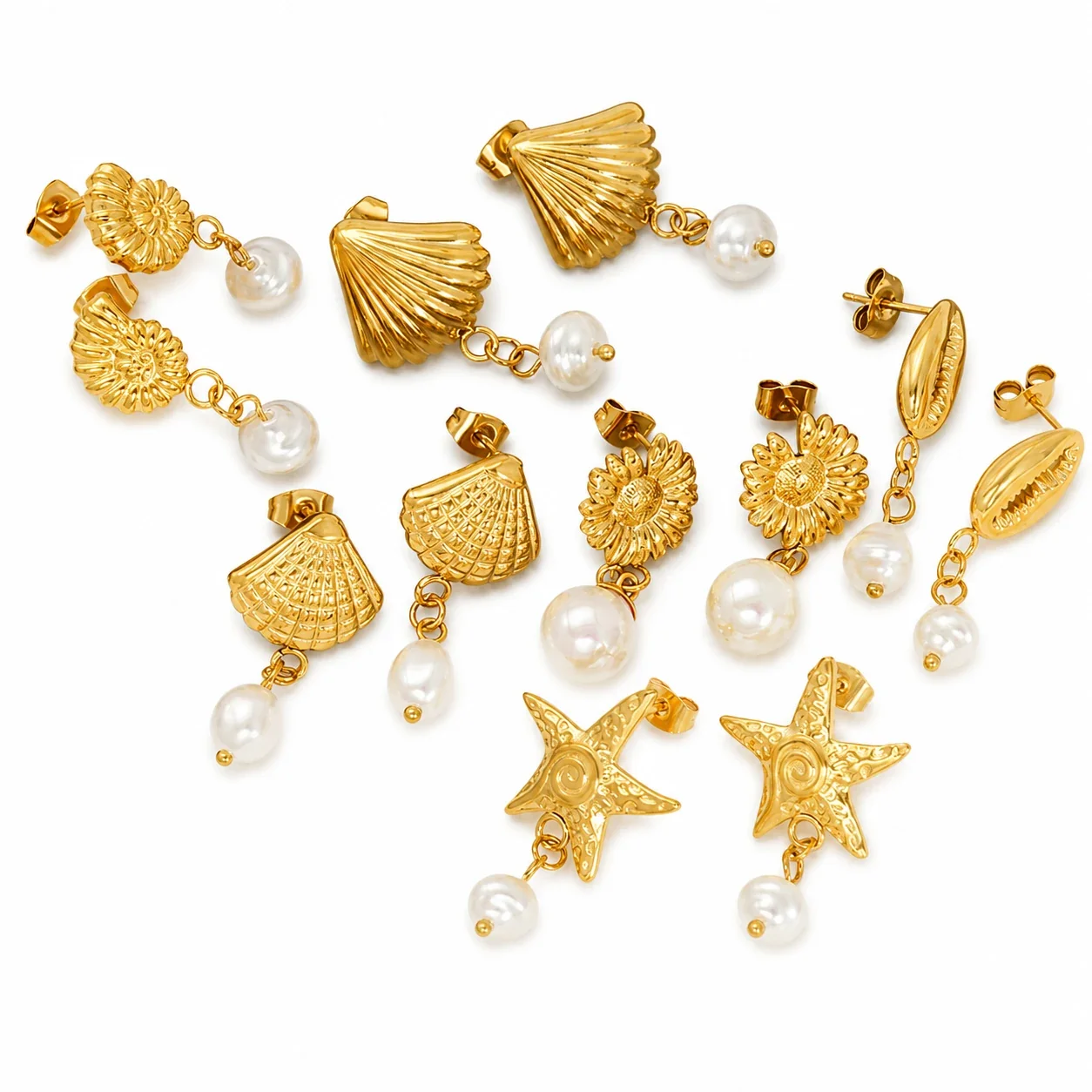 Coastal Gold-Plated Shell Starfish Pearl Drop Earrings