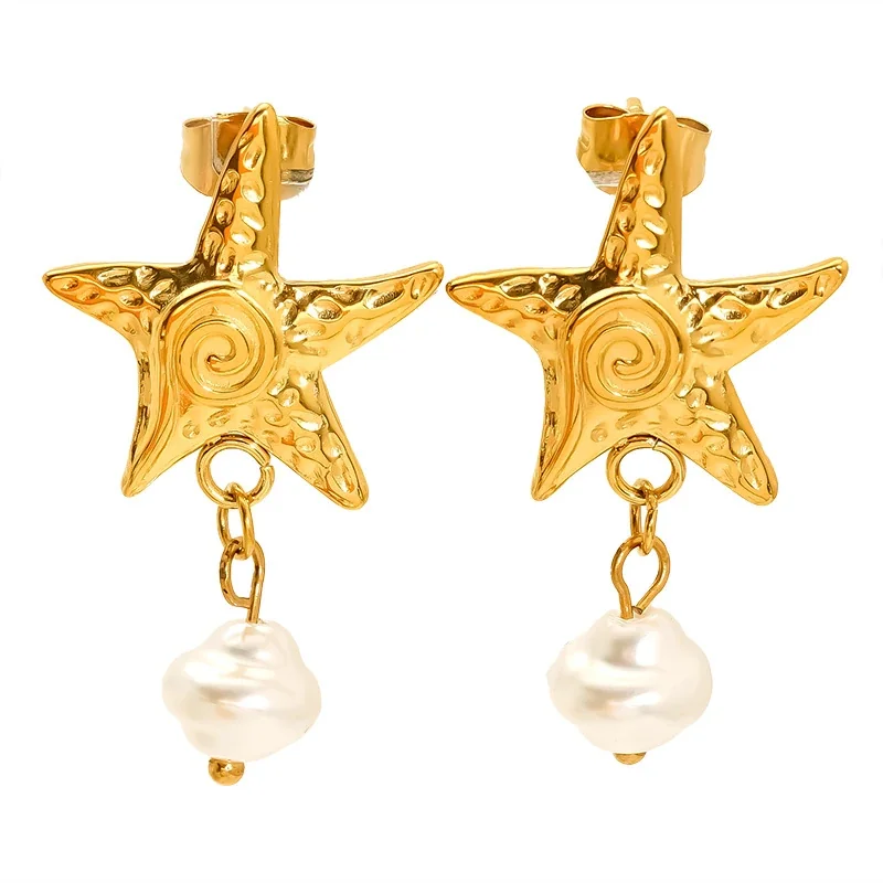 Coastal Gold-Plated Shell Starfish Pearl Drop Earrings