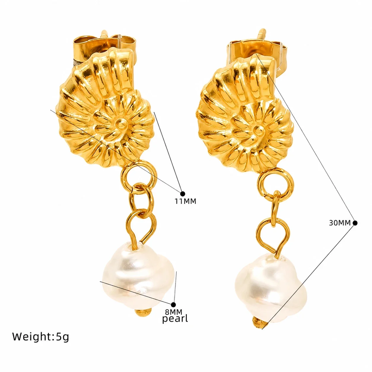 Coastal Gold-Plated Shell Starfish Pearl Drop Earrings - Gold Cowrie Pearl