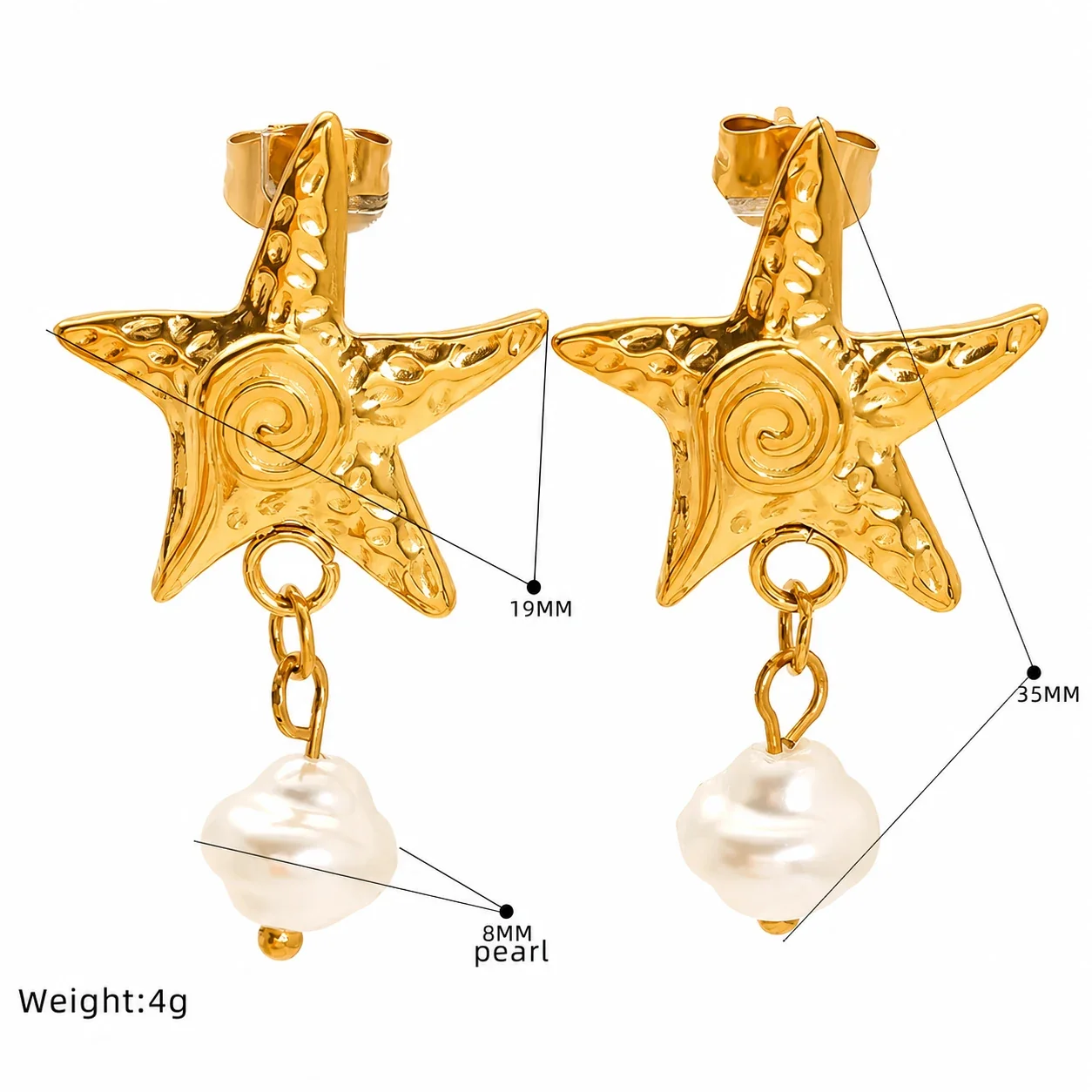 Coastal Gold-Plated Shell Starfish Pearl Drop Earrings - Gold Daisy Pearl