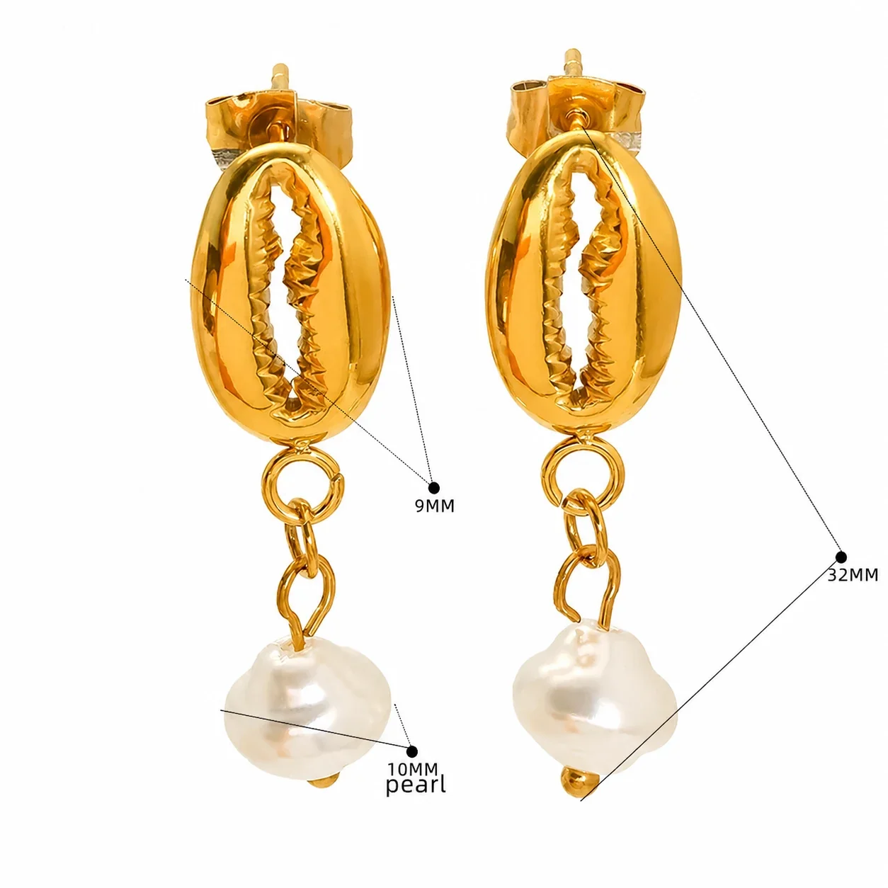 Coastal Gold-Plated Shell Starfish Pearl Drop Earrings - Gold Ribbed Shell Pearl