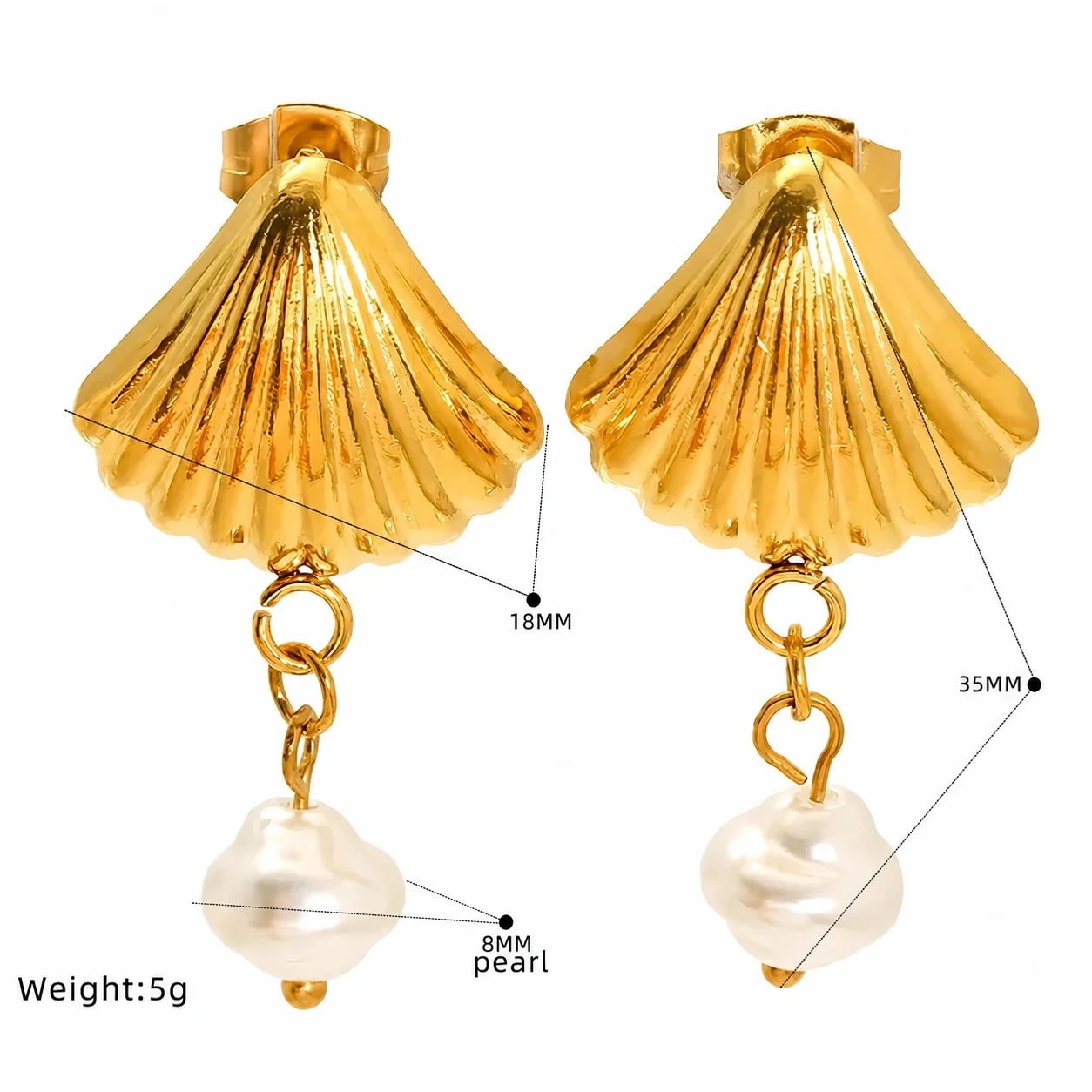 Coastal Gold-Plated Shell Starfish Pearl Drop Earrings - Gold Scallop Pearl