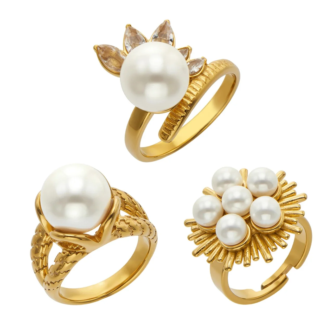Sunburst Pearl-Effect 316L Stainless Steel Gold PVD CZ Statement Ring