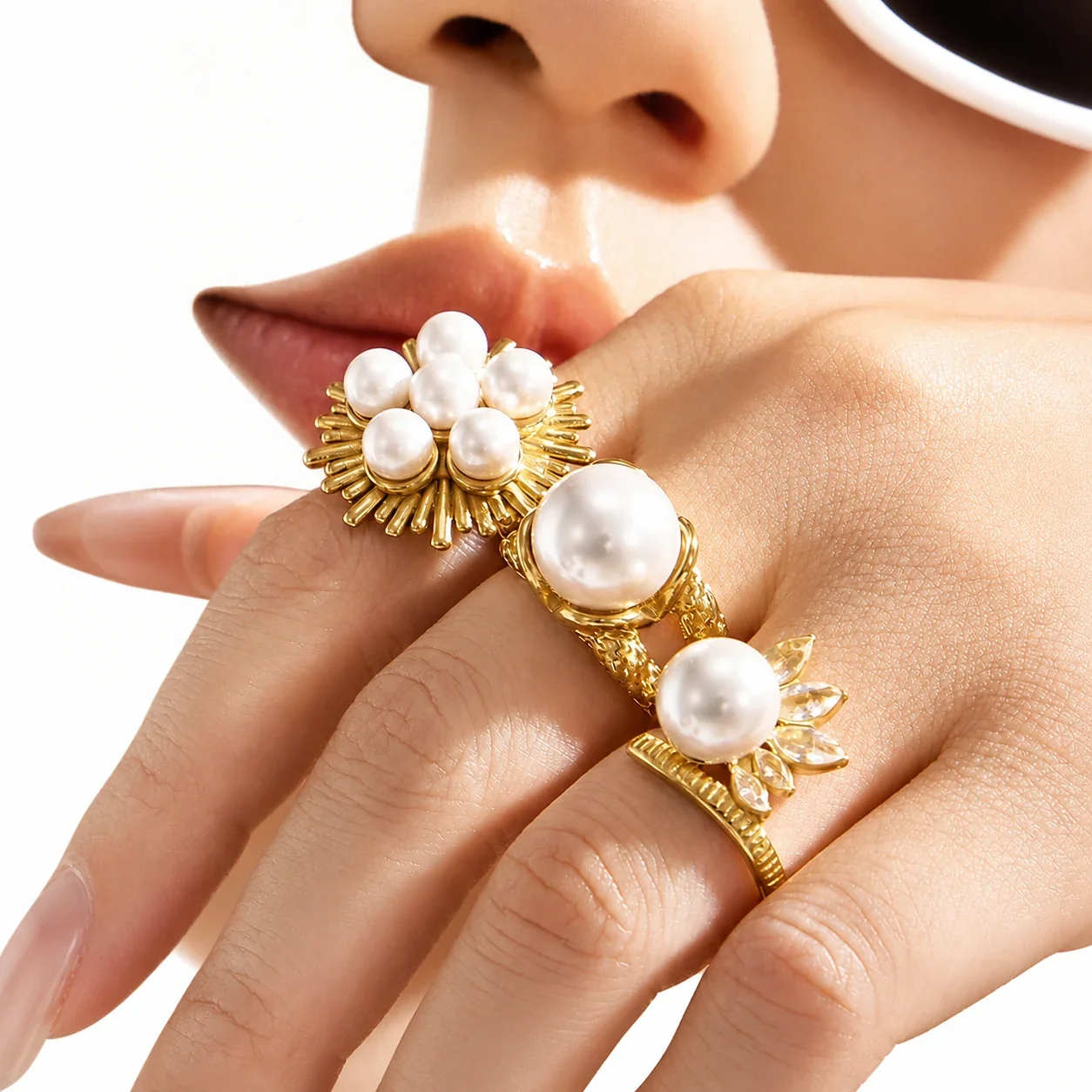 Sunburst Pearl-Effect 316L Gold-Plated CZ Statement Ring