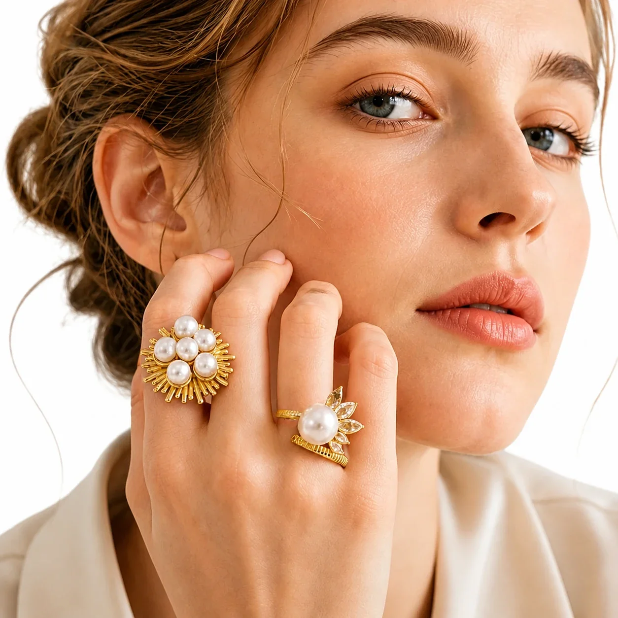 Sunburst Pearl-Effect 316L Gold-Plated CZ Statement Ring