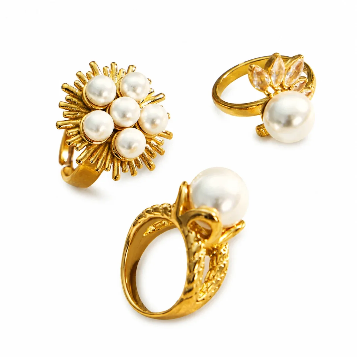 Sunburst Pearl-Effect 316L Gold-Plated CZ Statement Ring