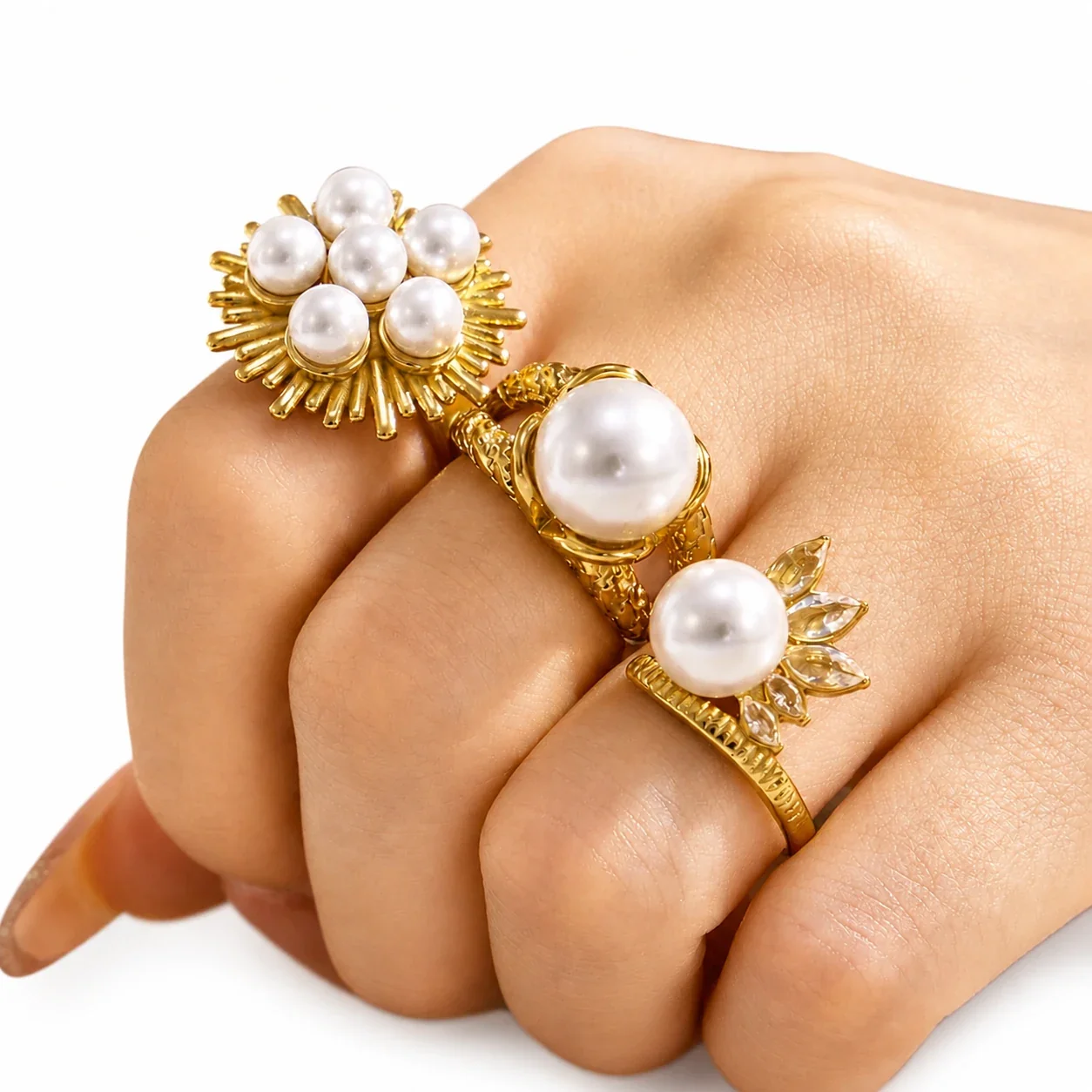 Sunburst Pearl-Effect 316L Gold-Plated CZ Statement Ring