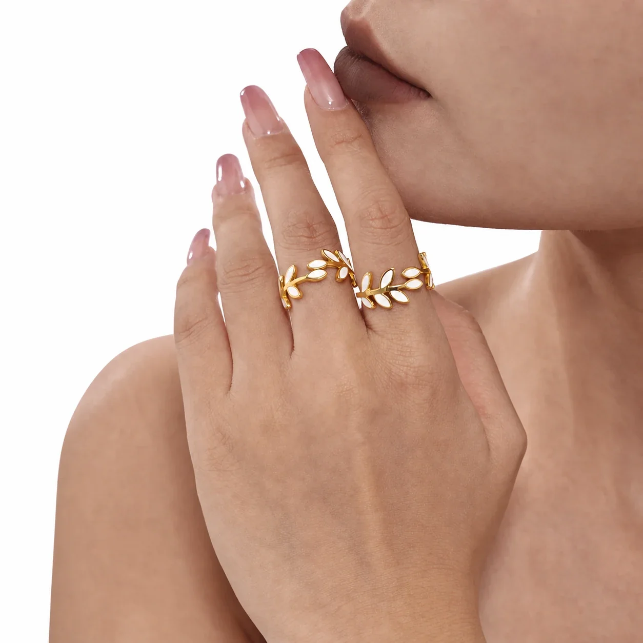 Botanical 18K Gold-Plated Leaf Enamel Open Ring
