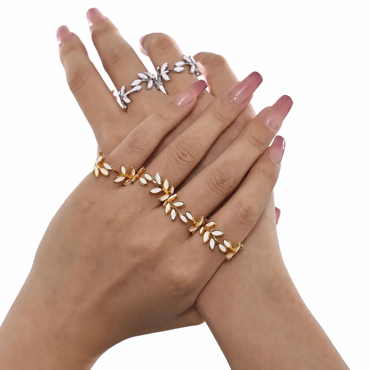 Botanical 18K Gold-Plated Leaf Enamel Open Ring