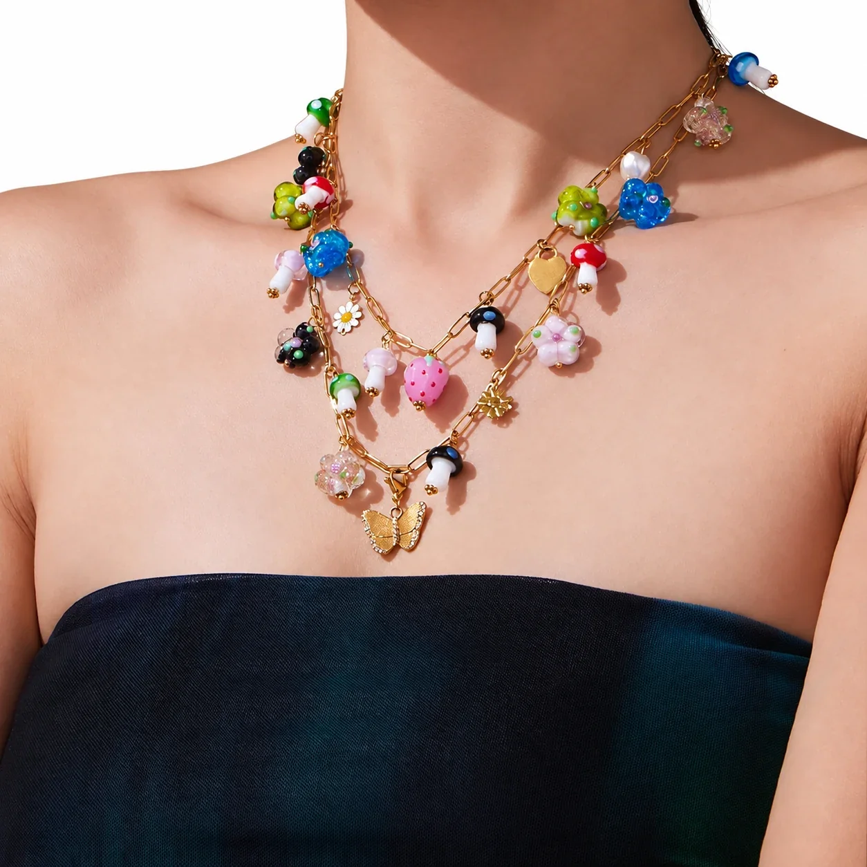 Pendant Necklace with Mushroom Charms & Paperclip Chain, Stainless Steel