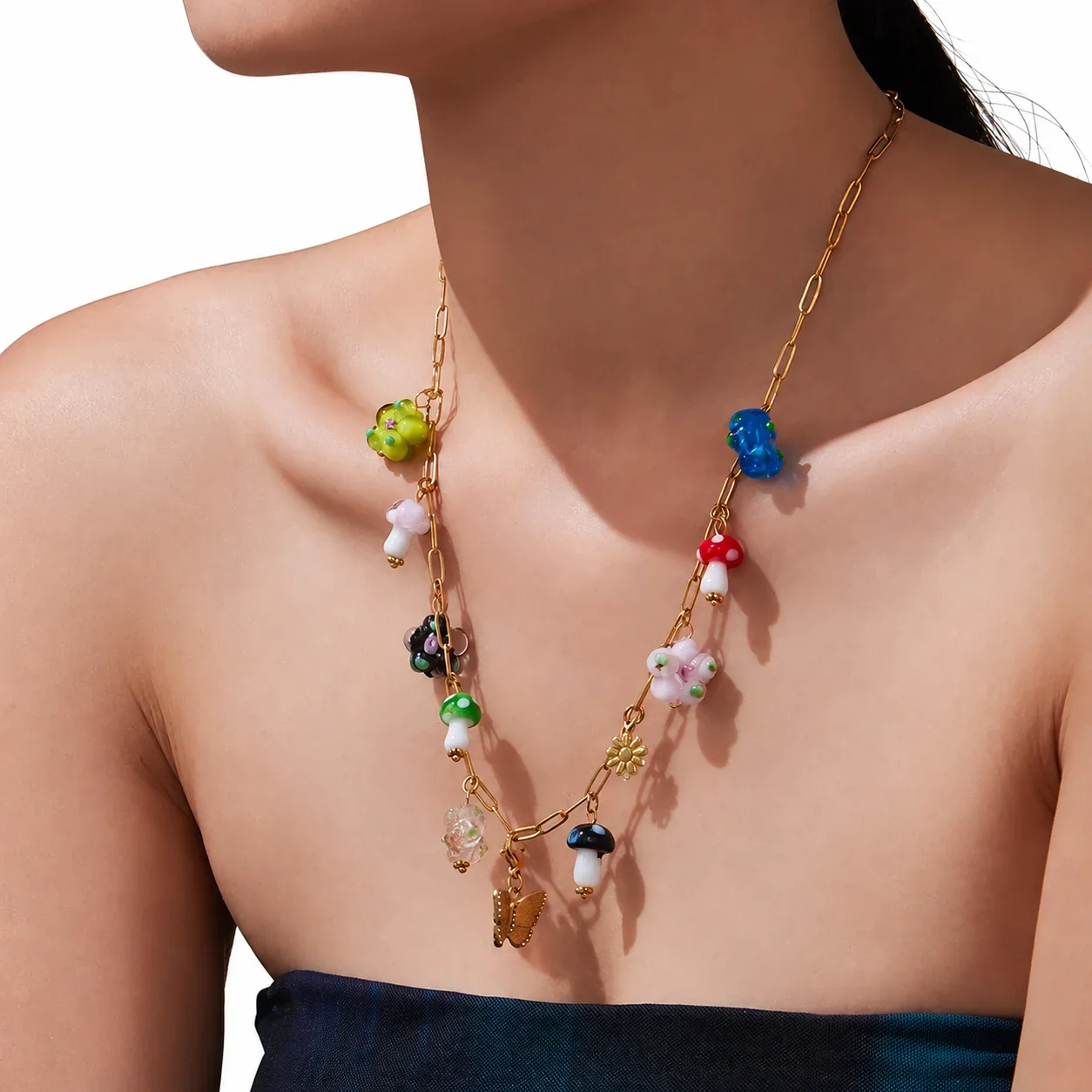 Pendant Necklace with Mushroom Charms & Paperclip Chain, Stainless Steel