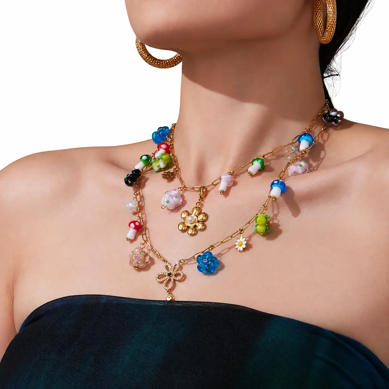 Pendant Necklace with Mushroom Charms & Paperclip Chain, Stainless Steel