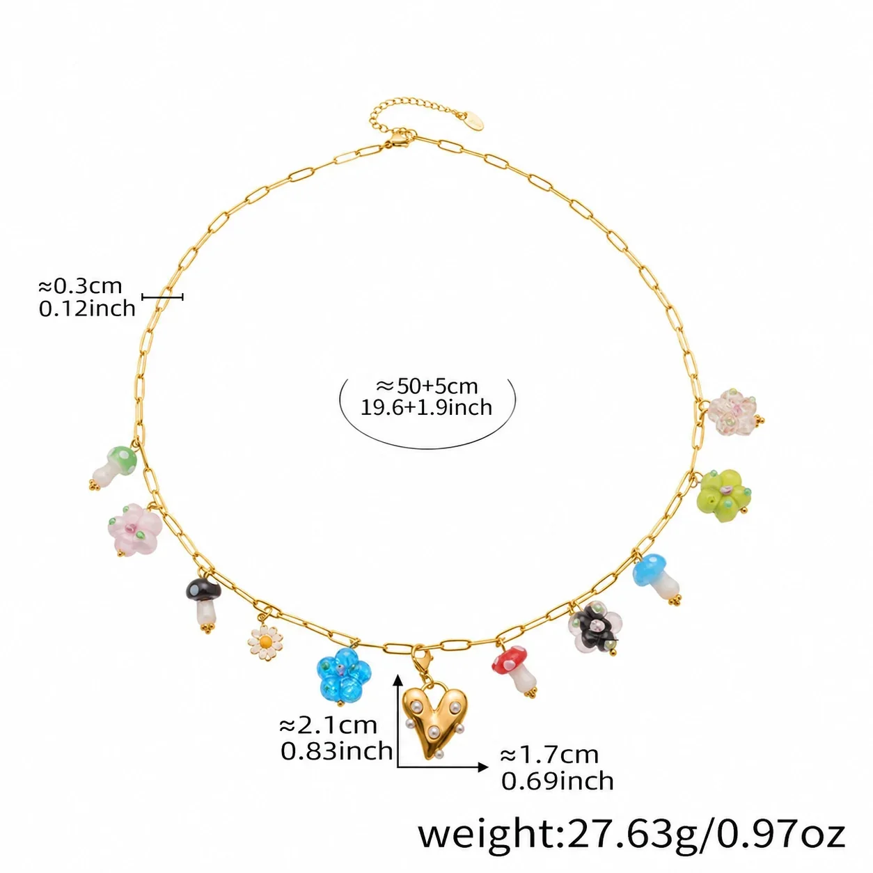 Pendant Necklace with Mushroom Charms & Paperclip Chain, Stainless Steel - Gold Heart DIY , 50+5 cm