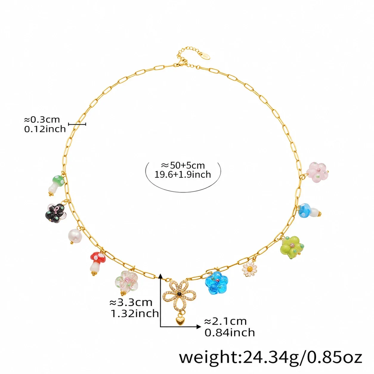 Pendant Necklace with Mushroom Charms & Paperclip Chain, Stainless Steel - Gold Flower DIY , 50+5 cm