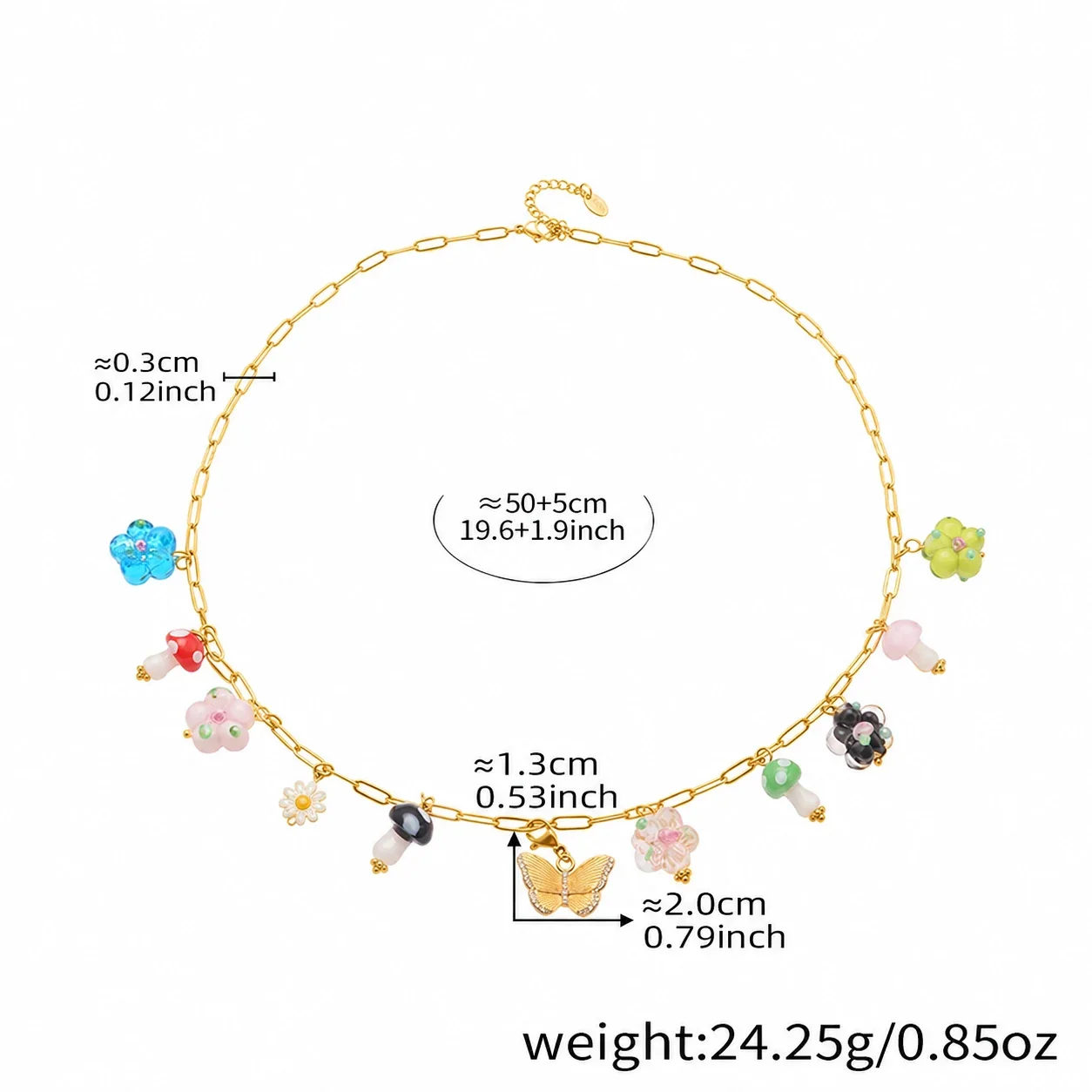 Pendant Necklace with Mushroom Charms & Paperclip Chain, Stainless Steel - Gold Butterfly DIY , 50+5 cm