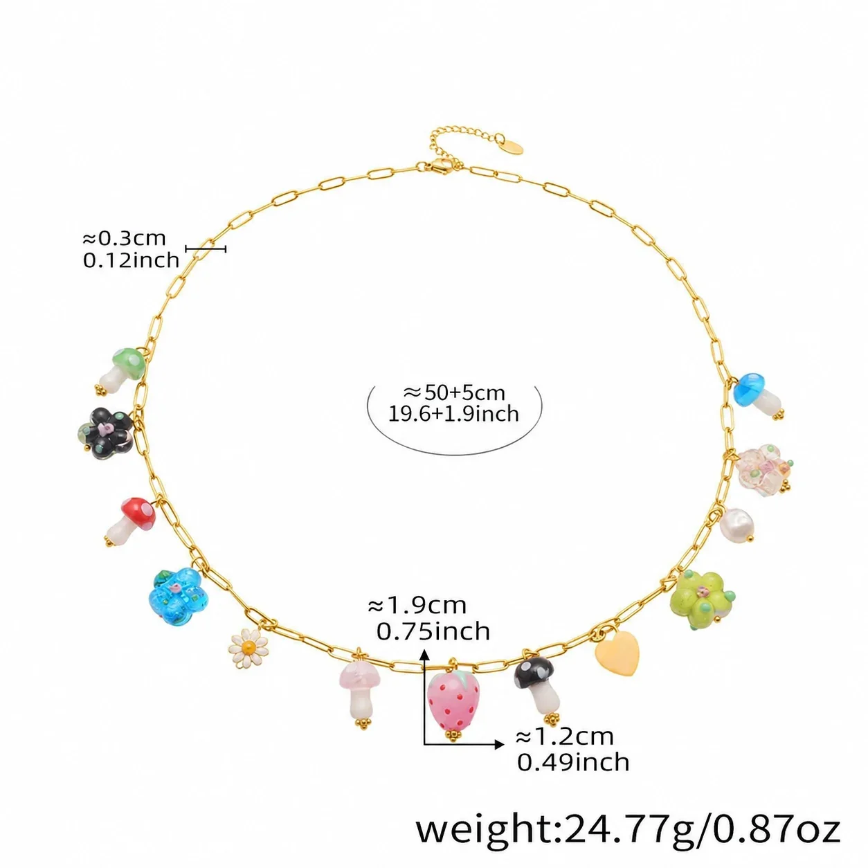 Pendant Necklace with Mushroom Charms & Paperclip Chain, Stainless Steel - Gold Strawberry DIY , 50+5 cm