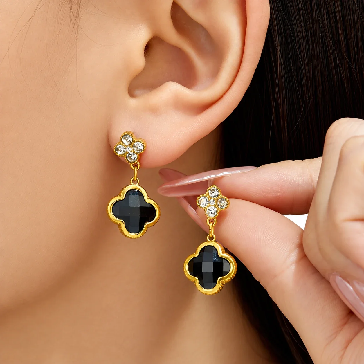 Floral Clover Drop Earrings, 18K Gold-Plated 316 Stainless Steel