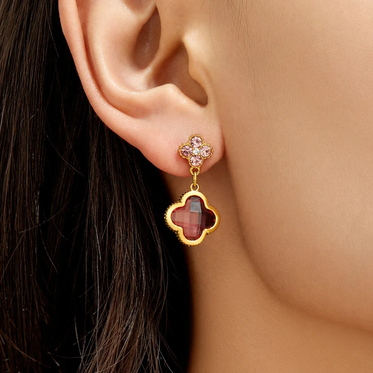 Floral Clover Drop Earrings, 18K Gold-Plated 316 Stainless Steel