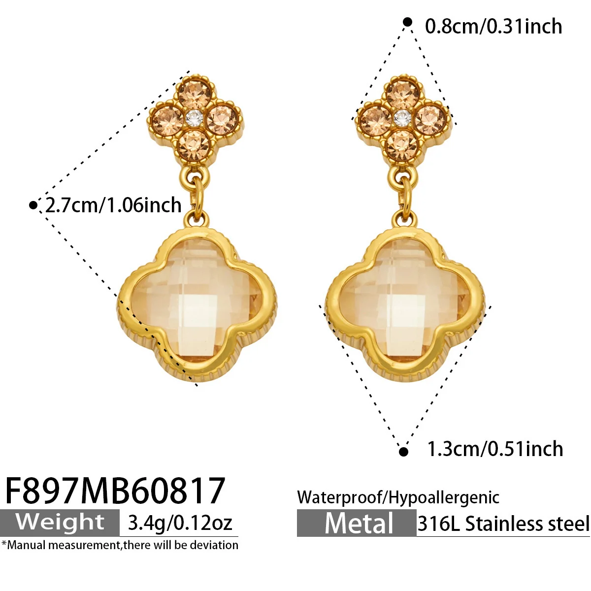 Floral Clover Drop Earrings, 18K Gold-Plated 316 Stainless Steel - Dimensions