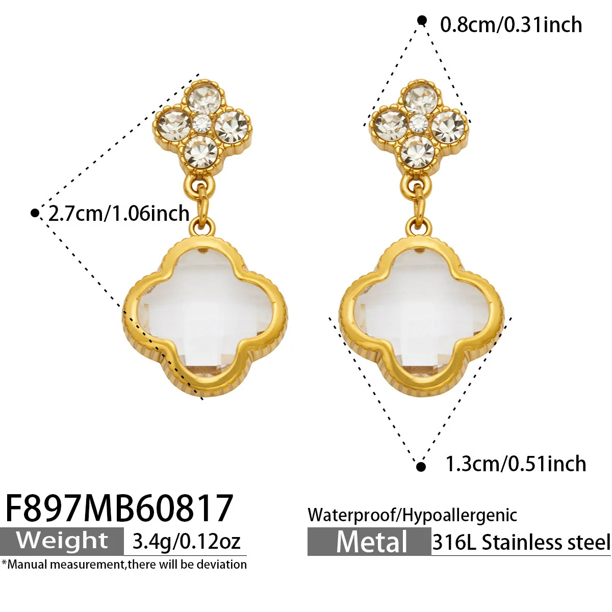 Floral Clover Drop Earrings, 18K Gold-Plated 316 Stainless Steel - Dimensions