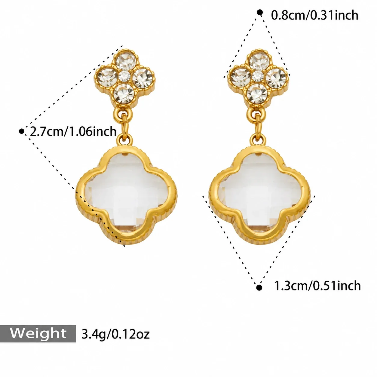 Floral Clover Drop Earrings, 18K Gold-Plated 316 Stainless Steel - Gold White Glass