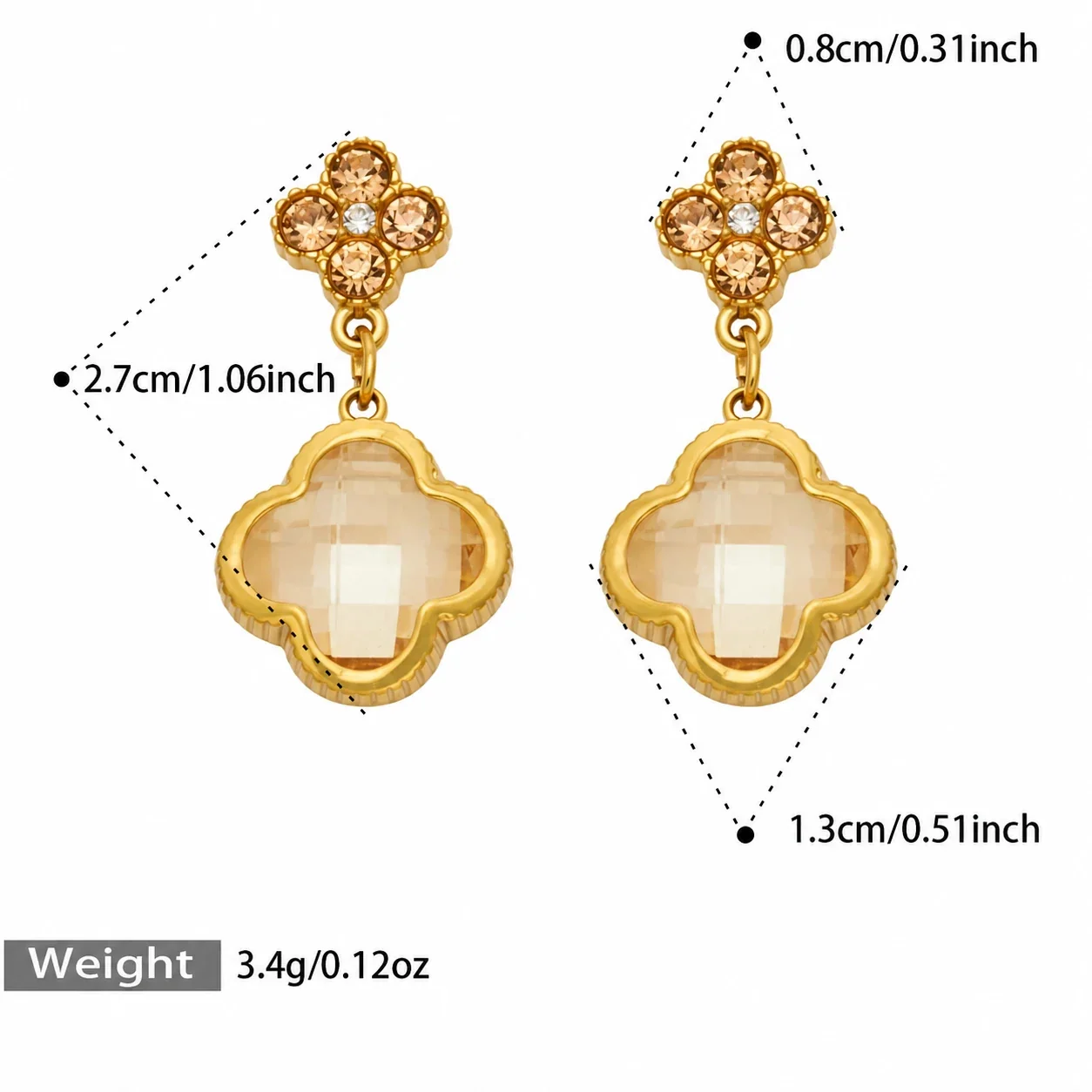 Floral Clover Drop Earrings, 18K Gold-Plated 316 Stainless Steel - Gold Champagne Glass