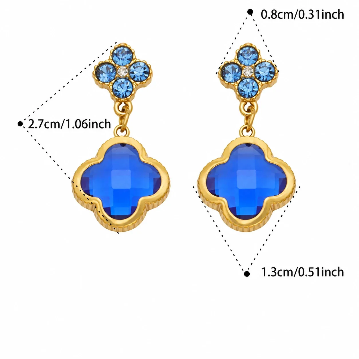 Floral Clover Drop Earrings, 18K Gold-Plated 316 Stainless Steel - Gold Blue Glass