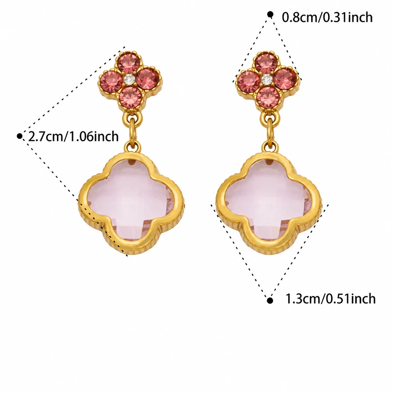 Floral Clover Drop Earrings, 18K Gold-Plated 316 Stainless Steel - Gold Pink Glass