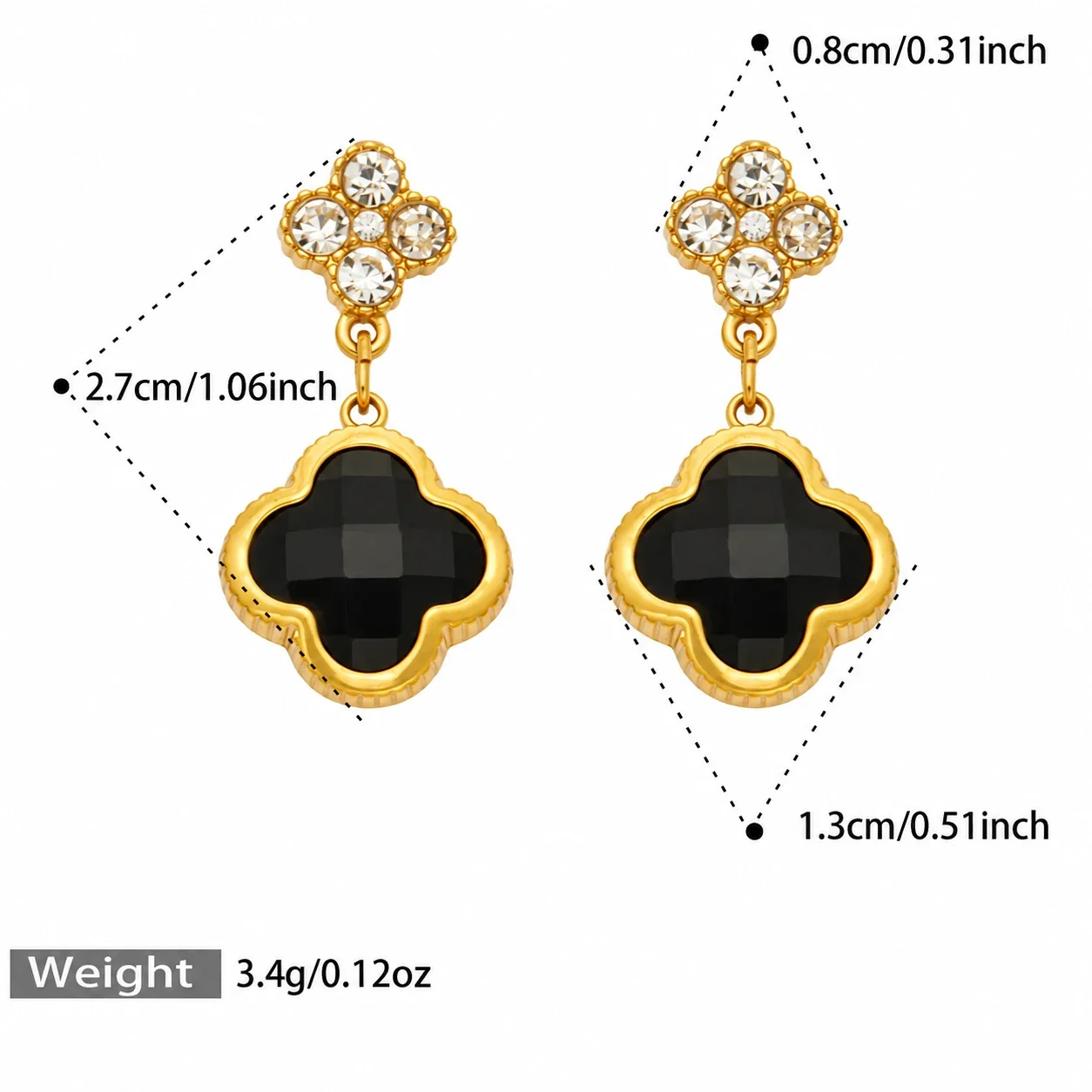Floral Clover Drop Earrings, 18K Gold-Plated 316 Stainless Steel - Gold Black Glass