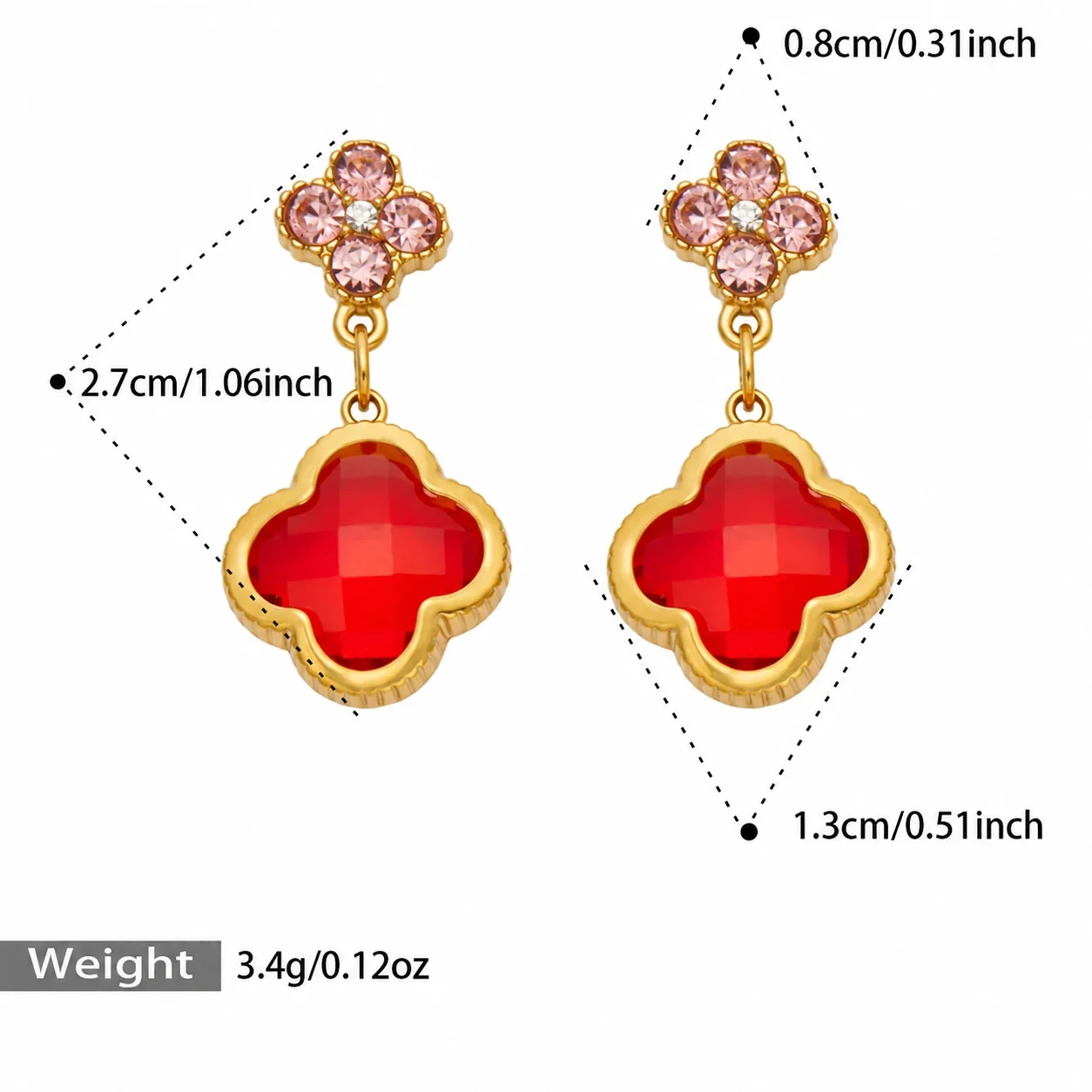 Floral Clover Drop Earrings, 18K Gold-Plated 316 Stainless Steel - Gold Red Glass