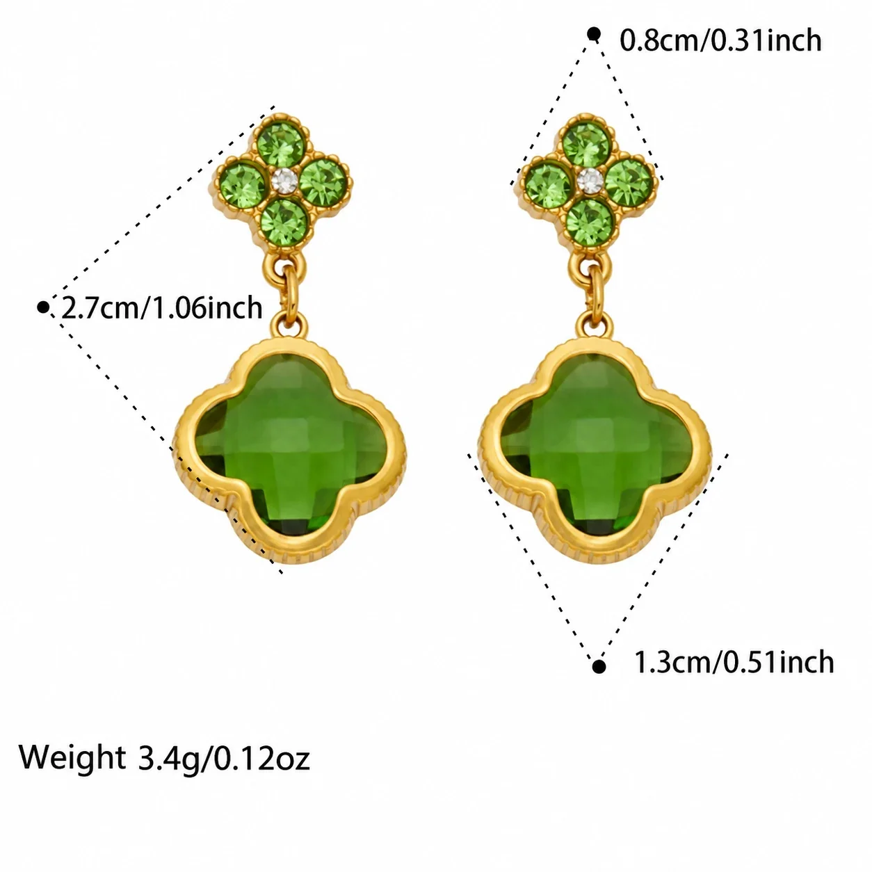 Floral Clover Drop Earrings, 18K Gold-Plated 316 Stainless Steel - Gold Green Glass