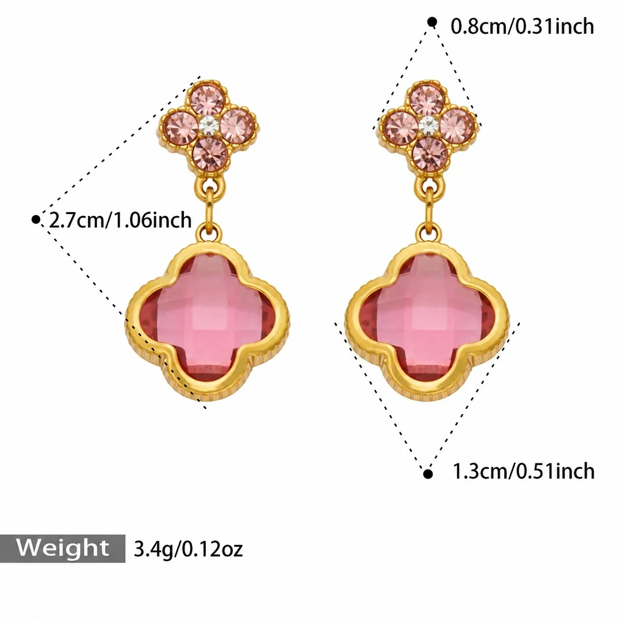 Floral Clover Drop Earrings, 18K Gold-Plated 316 Stainless Steel - Gold Rose Pink Glass