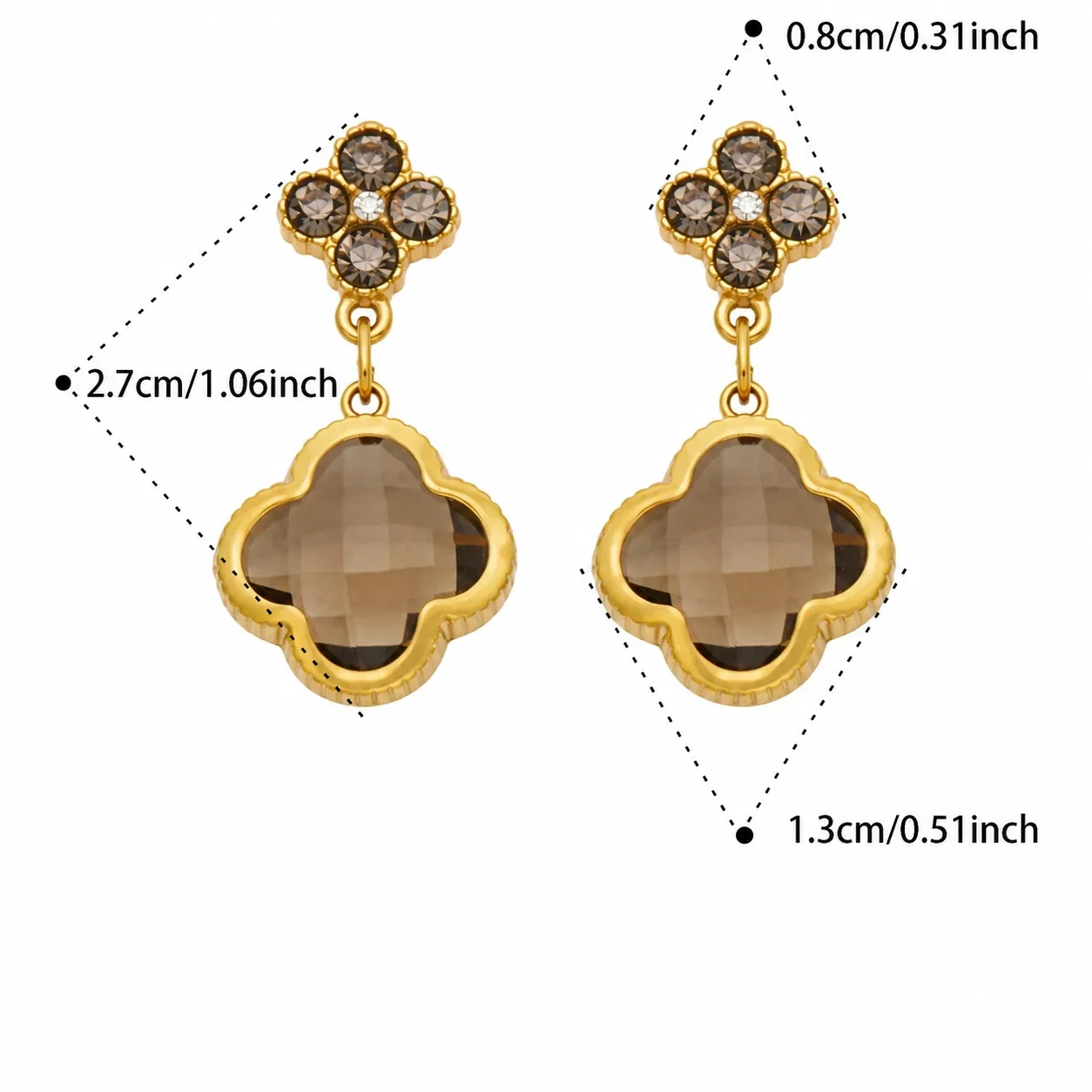 Floral Clover Drop Earrings, 18K Gold-Plated 316 Stainless Steel - Gold Light Brown Glass