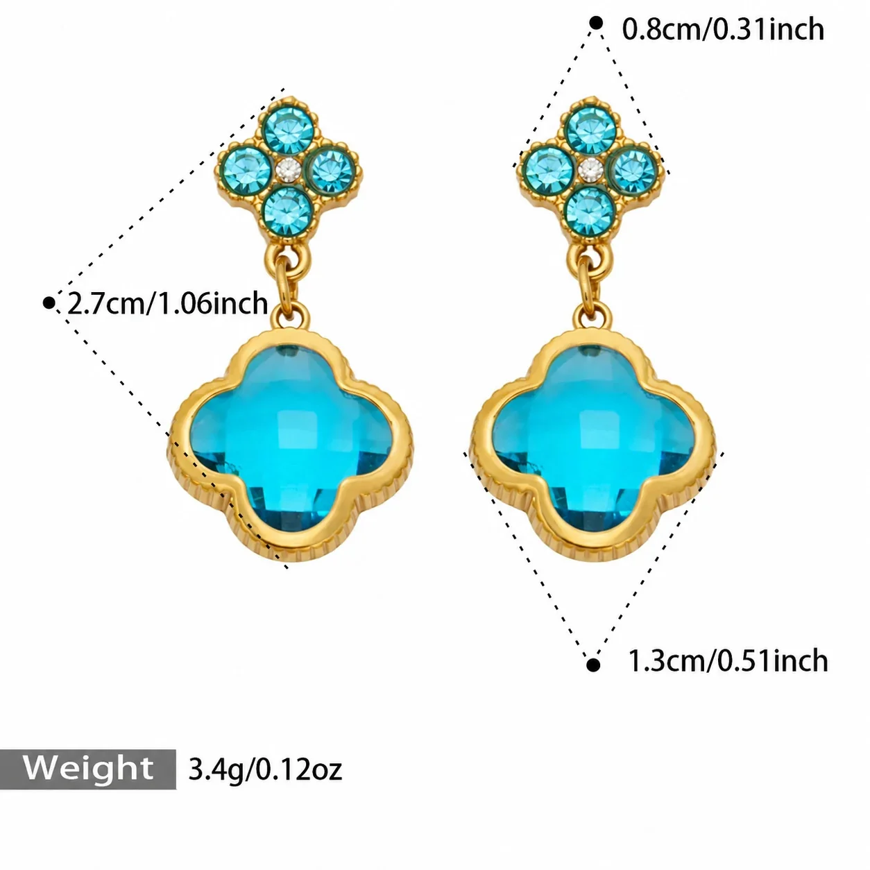 Floral Clover Drop Earrings, 18K Gold-Plated 316 Stainless Steel - Gold Light Blue Glass