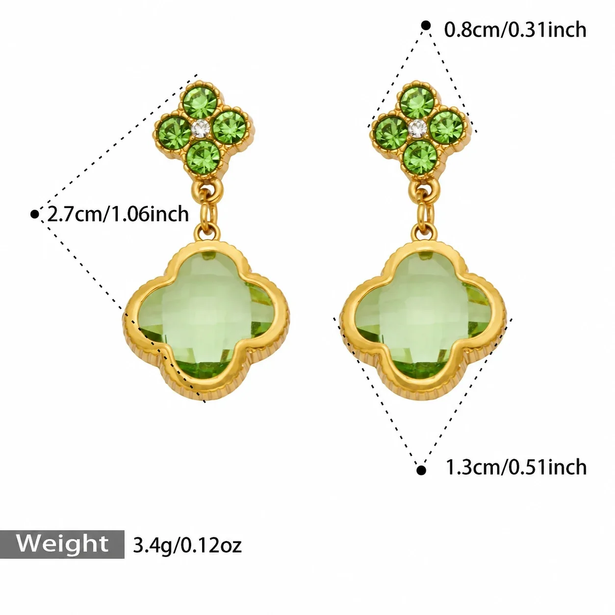 Floral Clover Drop Earrings, 18K Gold-Plated 316 Stainless Steel - Gold Light Green Glass