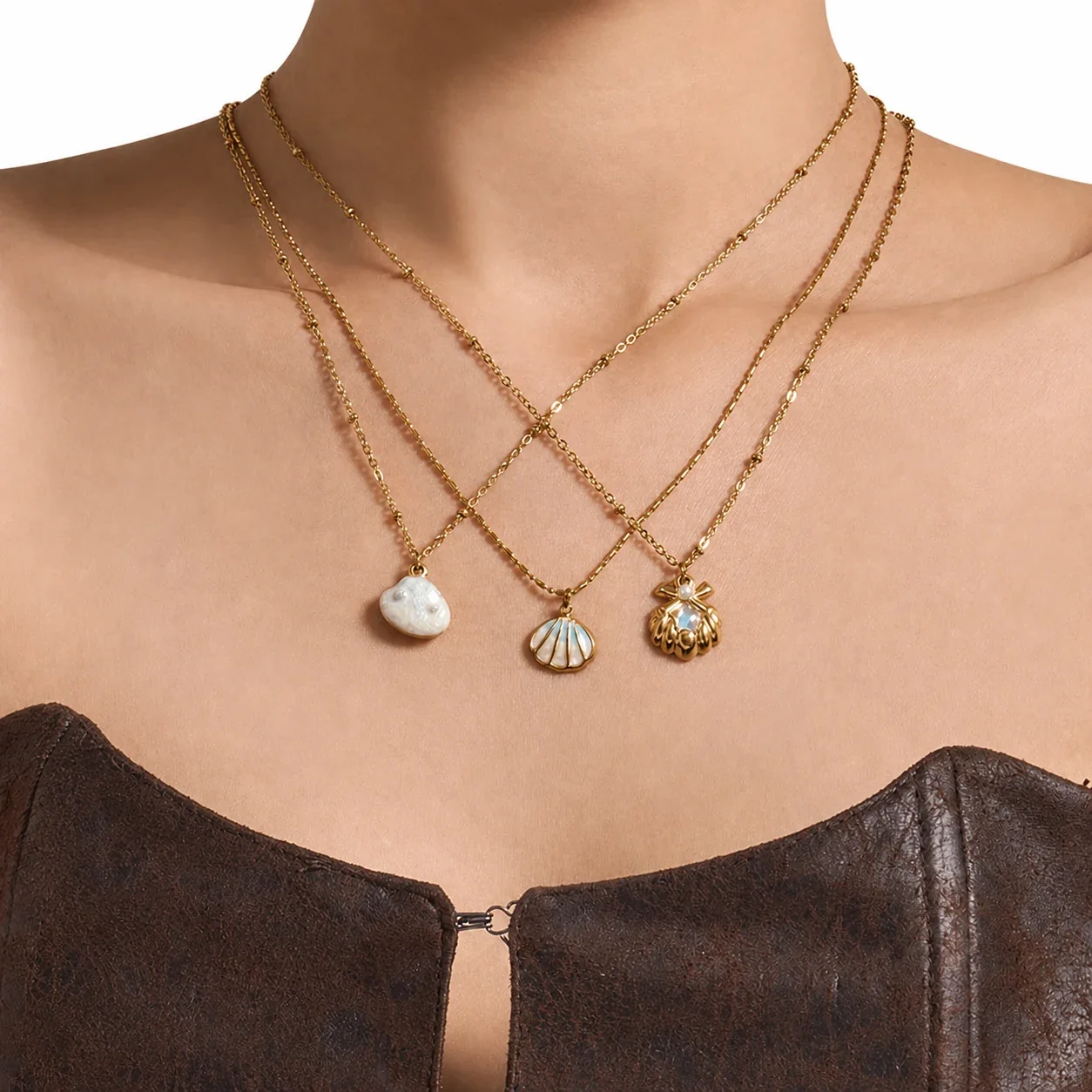 Coastal 18K Gold-Plated Steel Bead Chain Shell Necklace