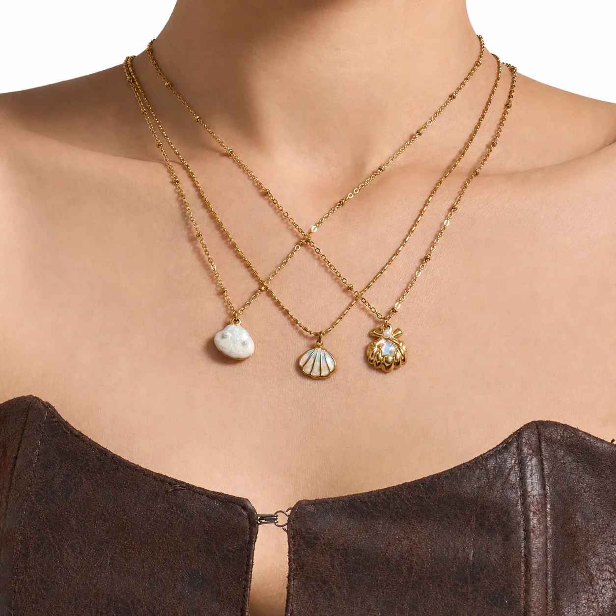 Coastal 18K Gold-Plated Steel Bead Chain Shell Necklace