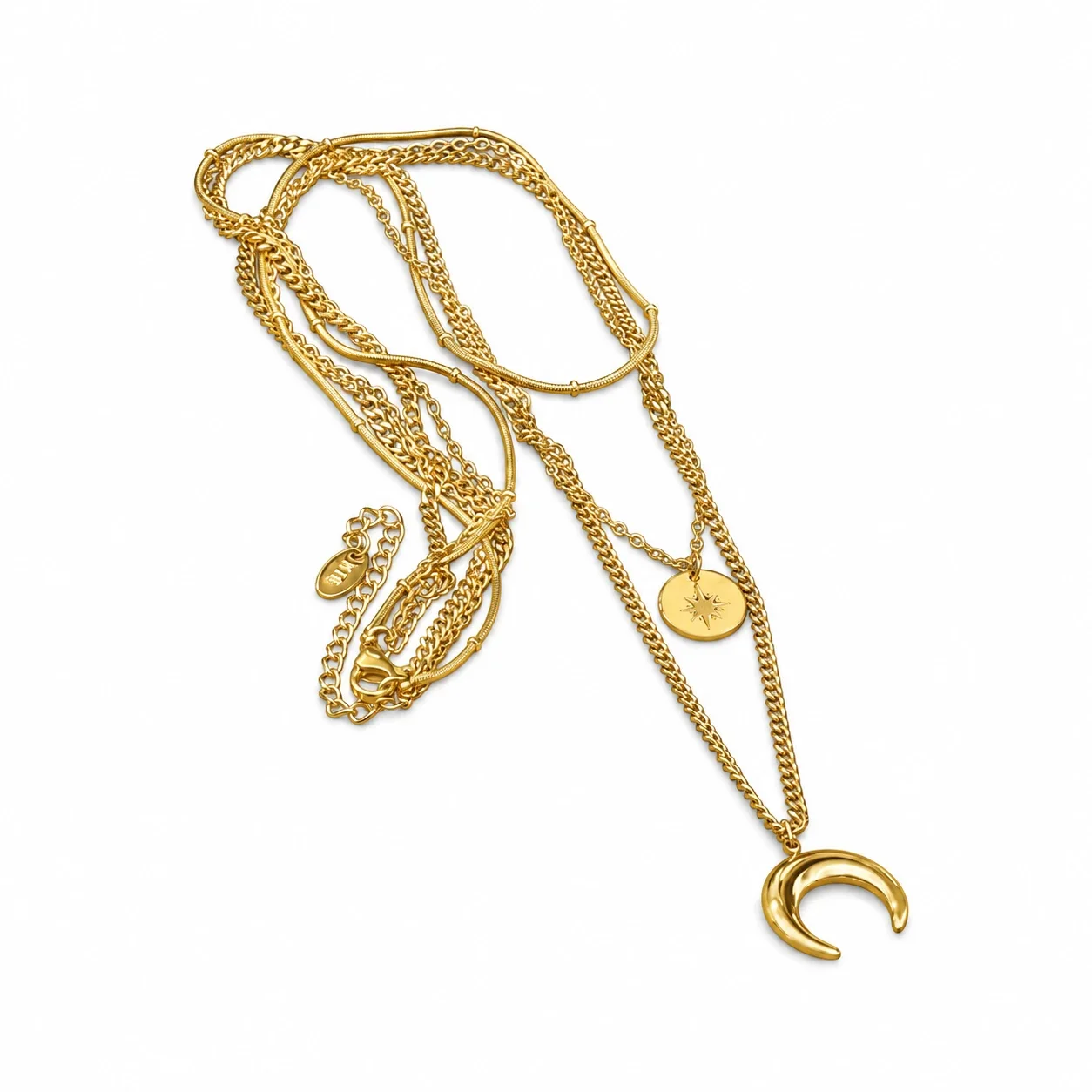 Necklace: Layered Crescent Moon & Star Coin Gold-Plated Stainless
