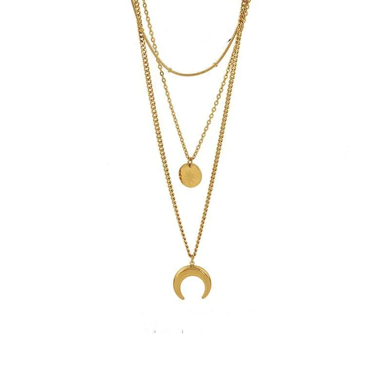 Produktfoto: Necklace: Layered Crescent Moon & Star Coin Gold-Plated Stainless