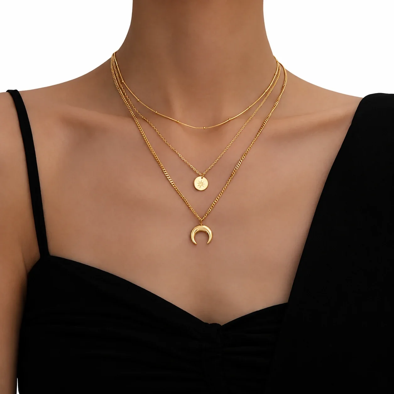 Produktfoto: Necklace: Layered Crescent Moon & Star Coin Gold-Plated Stainless